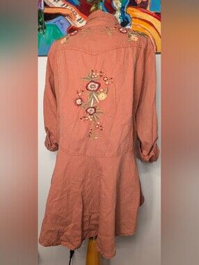 Nostalgia Women Denim Button Up High Low Shirt Long Sleeves Floral Embroidery XL